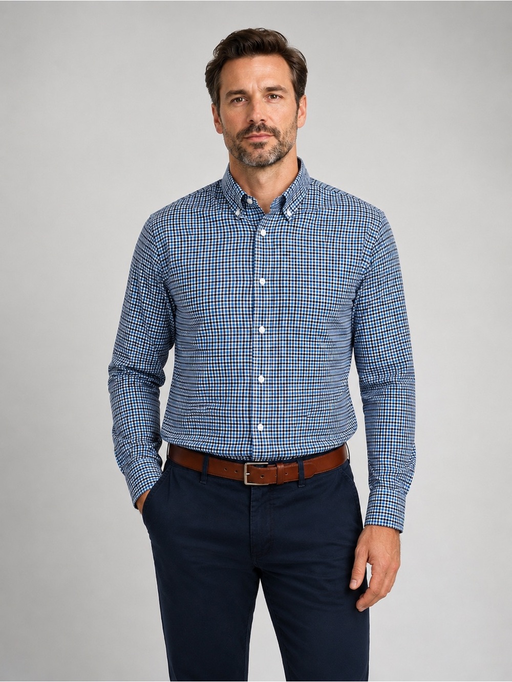 Club Monaco Men’s Classic Fit Gingham Button-Down Shirt Blue White Cotton Medium